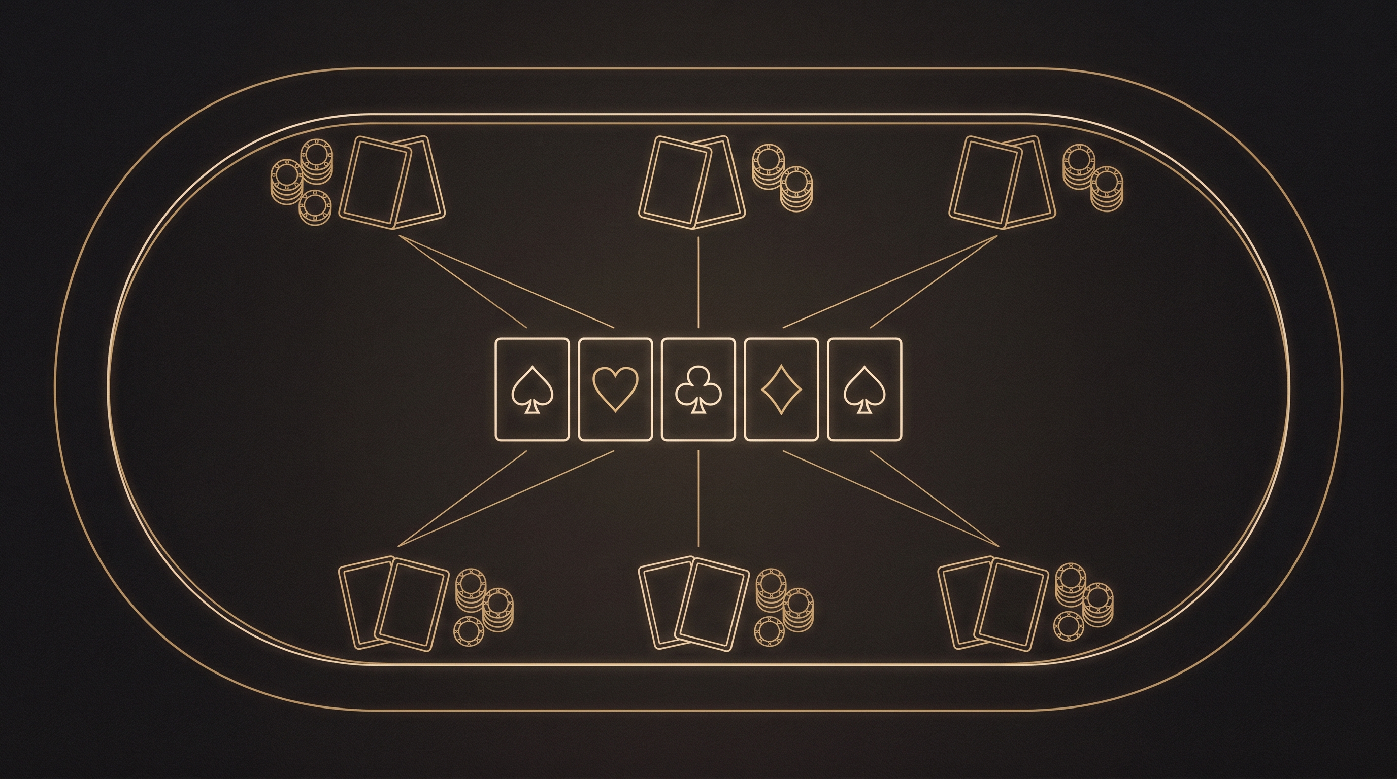 A six-handed poker table seen from above: two cards and a stack of chips at each of the six places, five community cards across the middle, and lines running from every seat to the centre